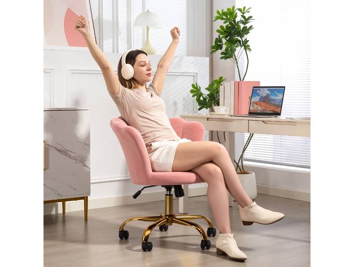 HOMCOM Chaise Bureau Velours Rose Réglable avec Dossier Pétale