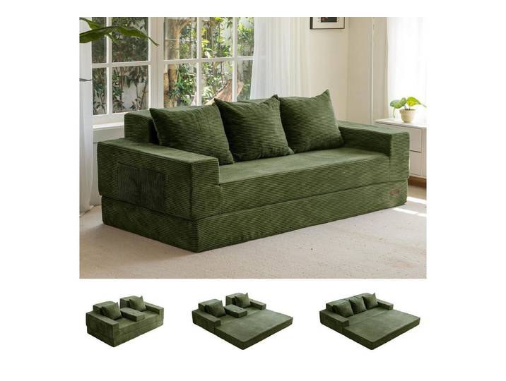 LuxusKollektion Schlafsofa Schlafsofa Cord klappbar mit Getränkehalter und Dekokissen