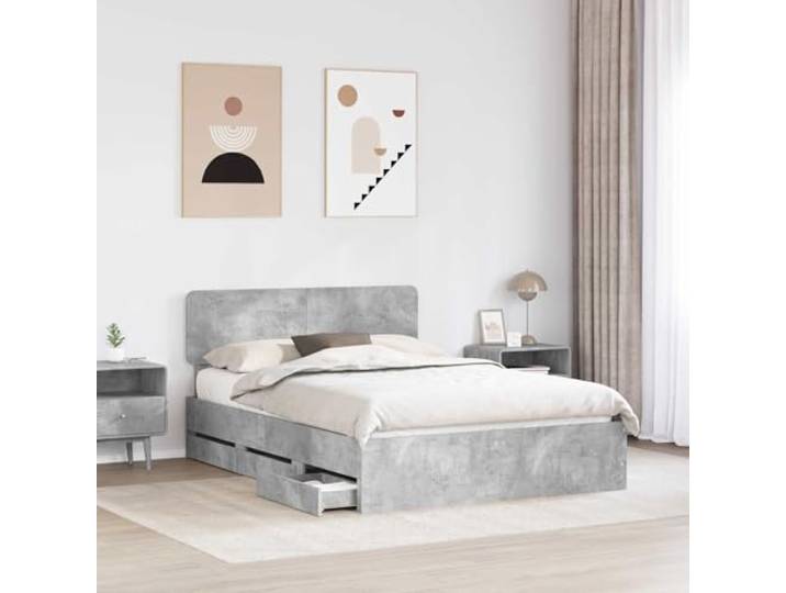 KTHLBRH Bett mit Schubladen, Zementgrau, 150 x 200 cm Technisches Holz, verstellbares Kopfteil, feste Latten, platzsparendes Design