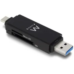 Ewent EW1075 (USB 3.0 Standard-A Stecker, USB-C), Speicherkartenlesegerät, Schwarz