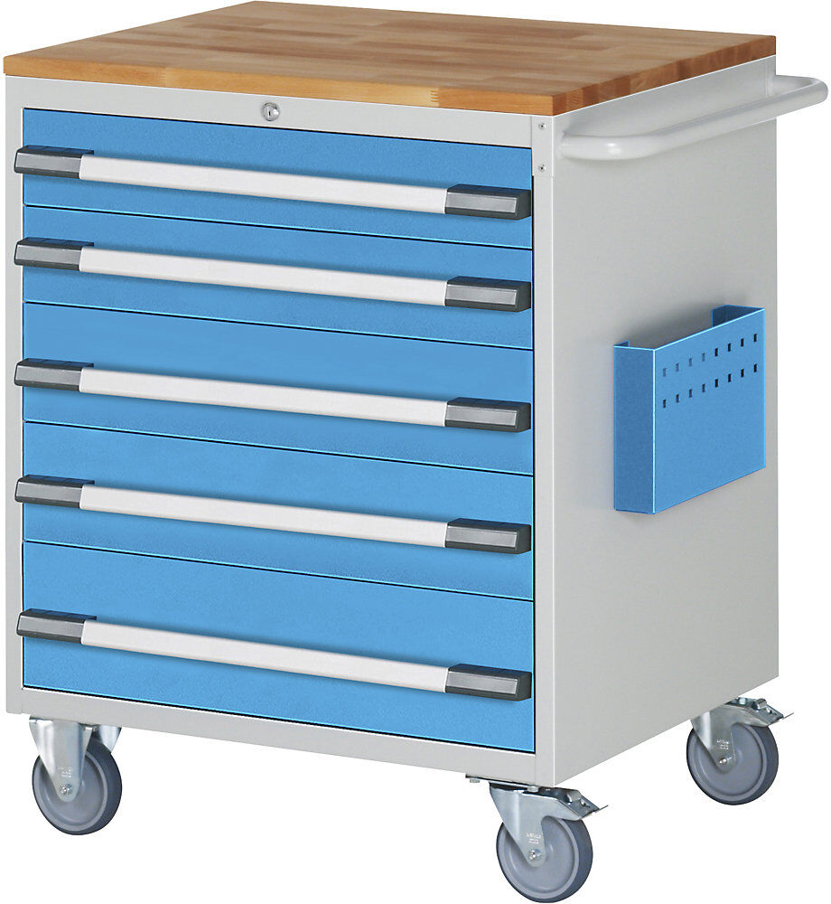 Kompaktwerkbank, fahrbar, 5 Schubladen, HxB 975 x 770 mm, lichtgrau / lichtblau eurokraft pro