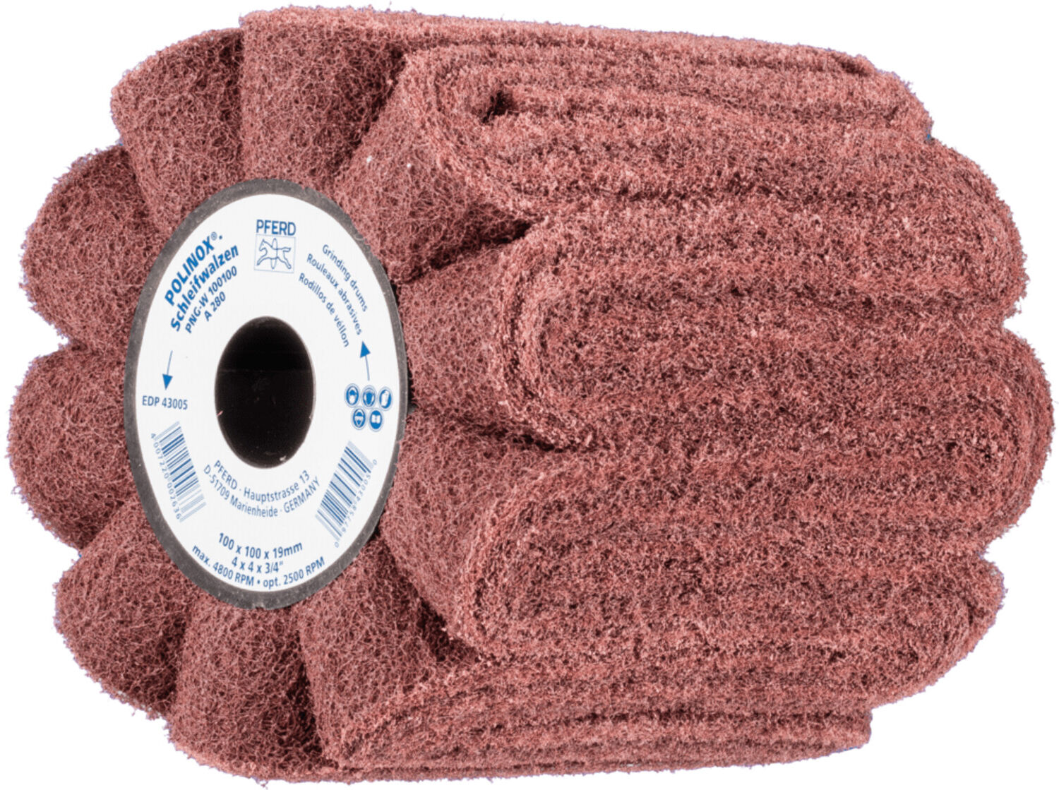 PFERD TOOLS POLINOX Vlies-Schleifwalze PNG Ø 100x100mm Keilnut 19 mm A280 für Feinschliff und Finish (44641203)