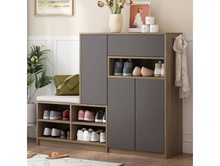 Shoe storage bench & shoe cabinet shoe rack with padded seat and réglable shelves pour hallway and entryway grey 140/35/110cm