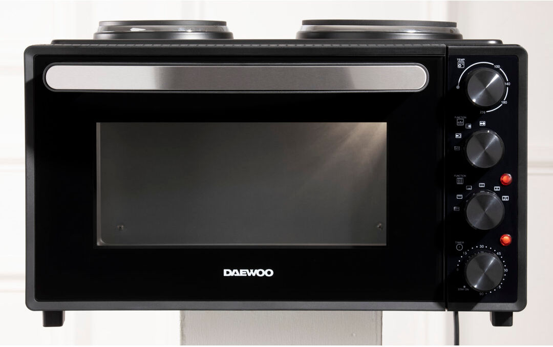 Daewoo 3000W Mini Counter Top Electric Cooker Freestanding Small Oven With Dual Hob Standalone Free Standing Counter Top, Hot Plates, Hotplate Black