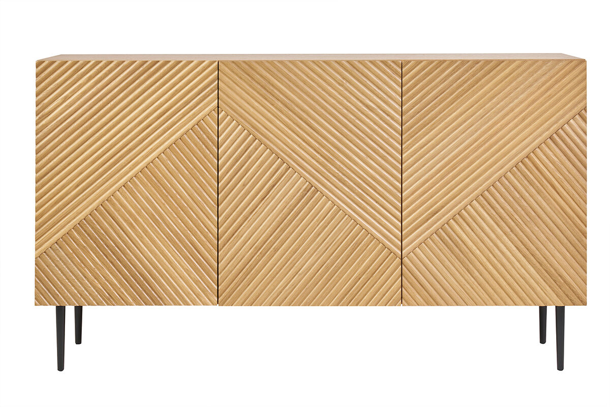 Miliboo Design-Sideboard aus heller, massiver Eiche mit Gravur und schwarzem Metall, 3 Türen, B135 cm ARCHIPEL