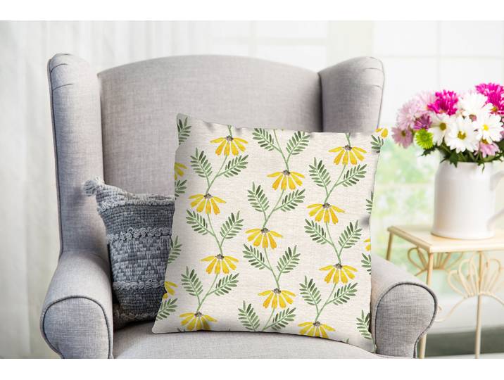 Dekokissen QUEENCE Fargo , gelb (gelb, bedruckt), B:40cm L:40cm, Obermaterial: 100% Polyester, Dekokissen_Sitzkissen_Kissenhüllen, Dekokissen, Blumen