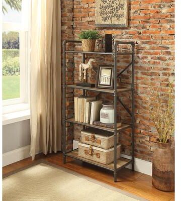 Benzara Three-Tier Metal Bookshelf With Wooden Shelves, Oak Brown & Gray