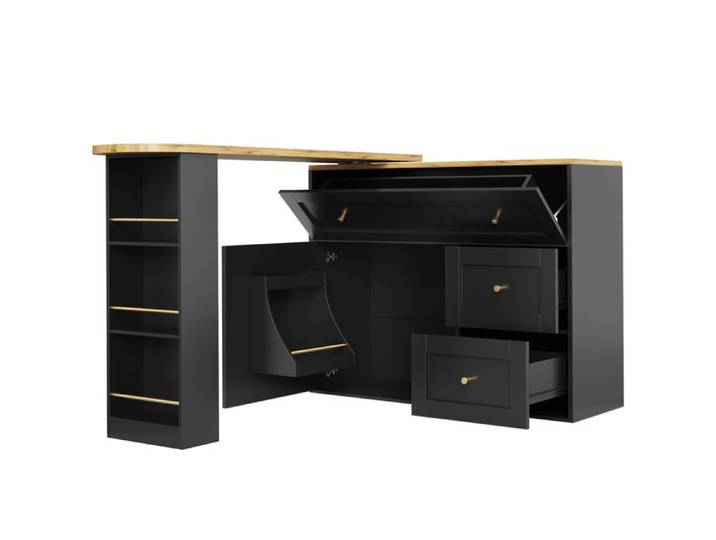 Îlot central avec table bar extensible - Rangement intégré et plateau rotatif 360° - Noir