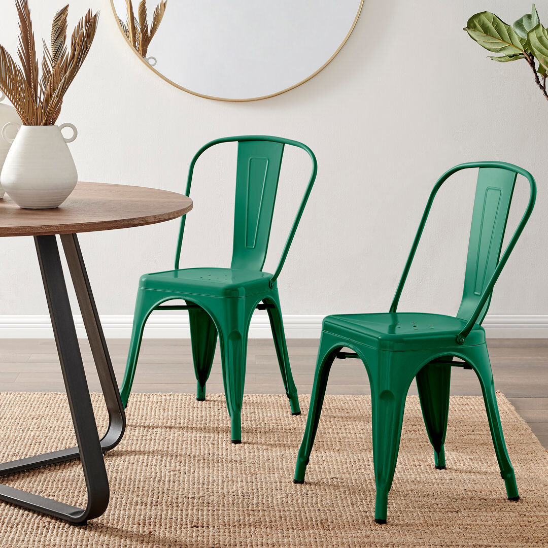 Borough Wharf Honora Classic Industrial Metal Dining Chair - Style Bold Colour Stackable Side Chair Green 84cm H X 45cm W X 51cm D