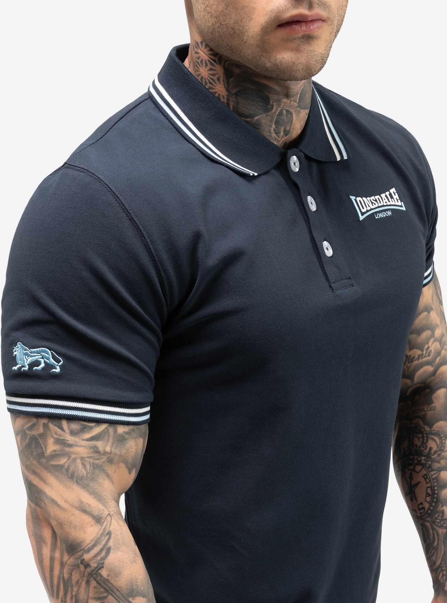 Poloshirt LONSDALE "EASTLEIGH", Herren, Gr. L, blau (navy, ice, off), Obermaterial: 100% Baumwolle, Shirts Poloshirt, mit filigranen Stickereien navy, ice, off L