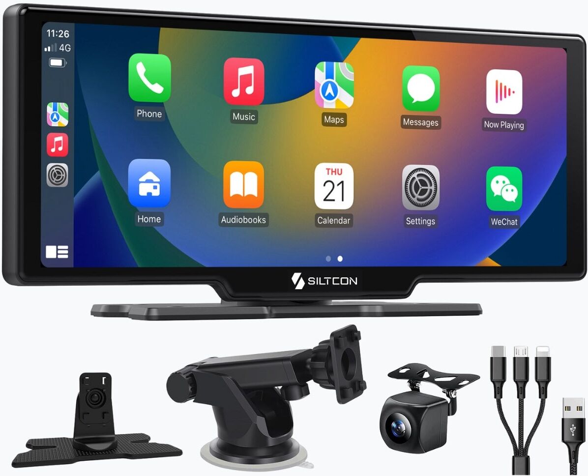 Siltcon® Geschikt voor CarPlay Scherm 10.26 Inch – Geschikt voor Android Auto Scherm – Navigatiesysteem Auto – Auto Scherm – Universeel – Touchscreen & HD Achteruitrijcamera - Incl. Telefoonkabels