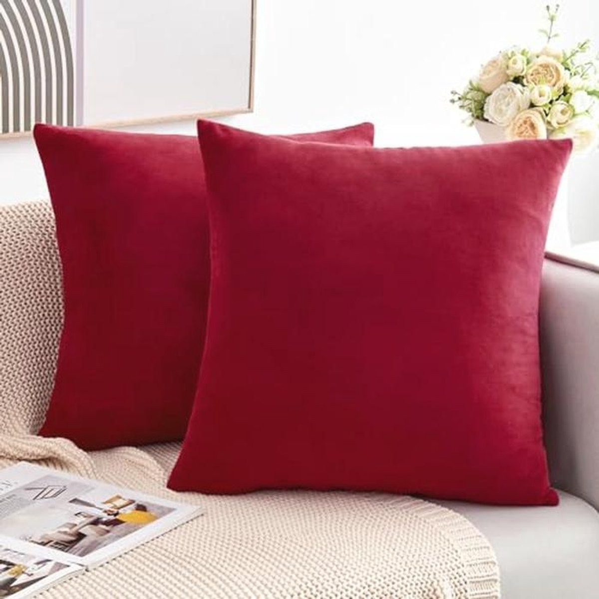 Set van 2 decoratieve fluwelen kussenslopen - Bordeauxrood