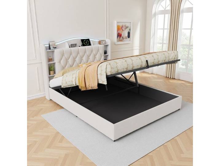 Lit coffre 140x190 lit 140x190 avec rangement USB et LED litcoffre 140x190 coffre cadre de lit 140x190 lit double 2 places Beige