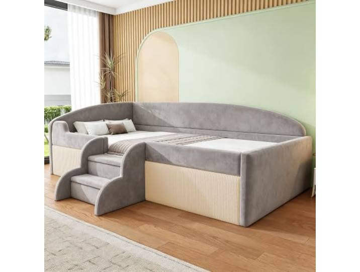 BXEYXE Polsterbett Kinderbett 90 * 190cm,Multifunktionsbett, Mit Stufen und Zäunen,Hautfreundlicher Samtstoff,ohne Matratze Grau