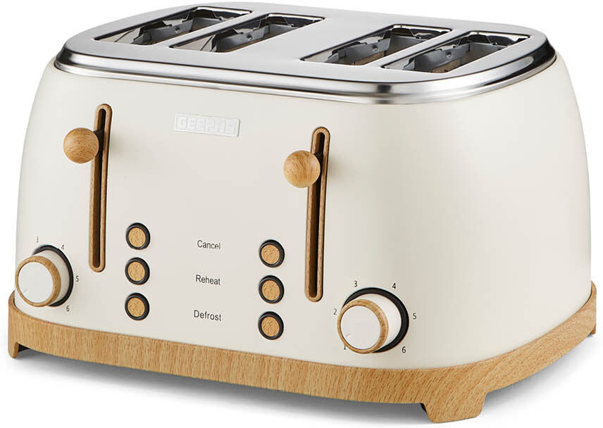 GEEPAS NordiQ 4 Slice Toaster   Matte Finish with Wood Accents   6 Browning Levels Defrost Reheat & Cancel   Dual Control High Lift Removable Crumb Tr Cream 4 - Slice