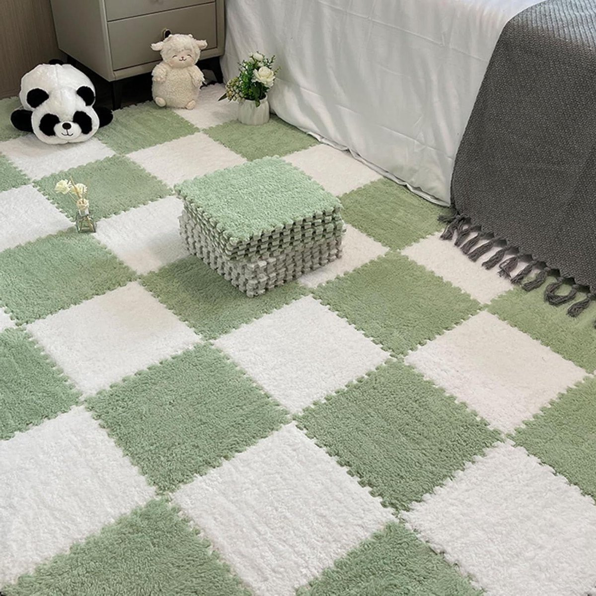 Puzzelmat Vloertegels Wit Mintgroen - 10 Stuks - Zacht Pluche Schuim voor Woonkamer Decoratie