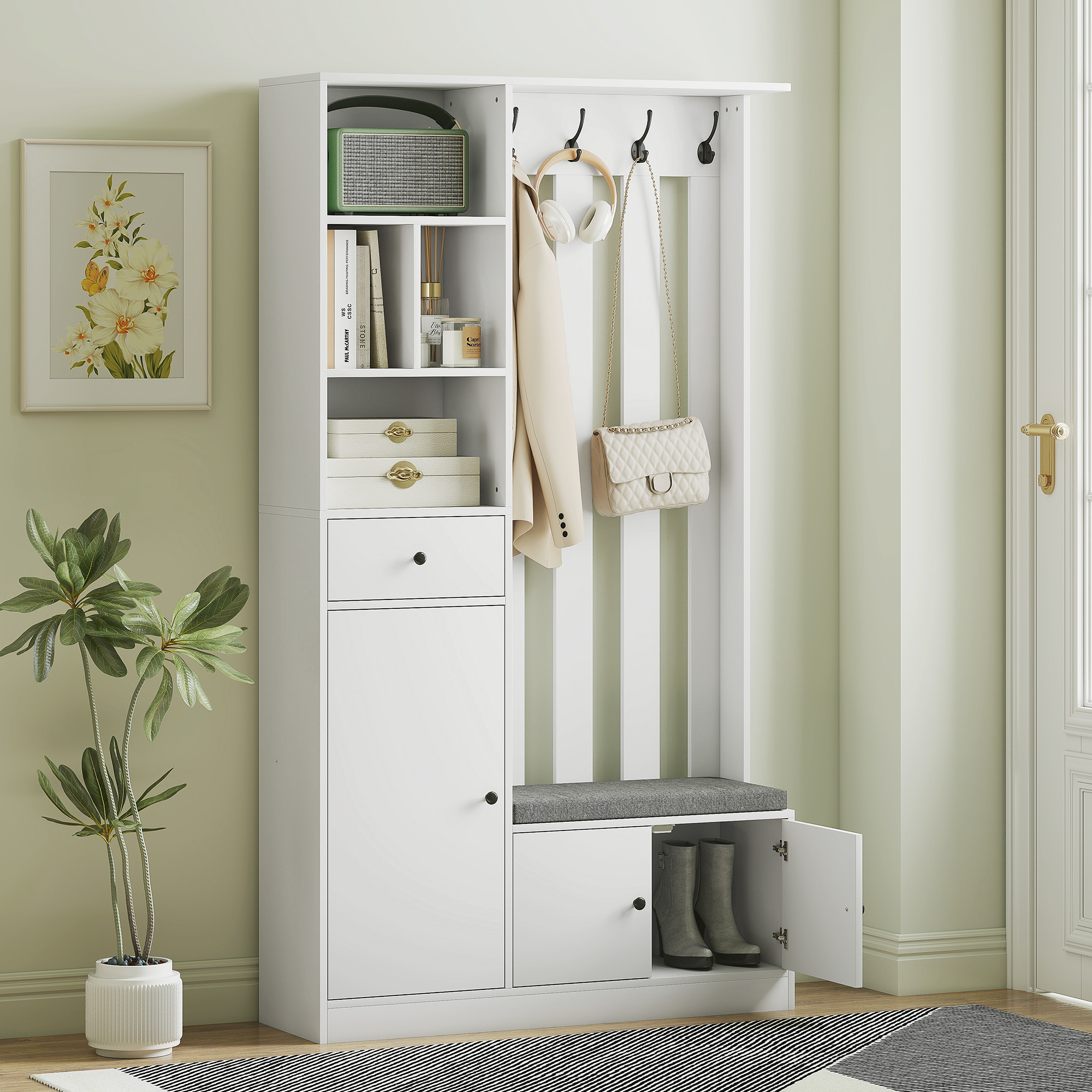 Homcom Appendiabiti 180 cm con Panca Porta Scarpe, Soluzione 4-in-1 con Ripiano Regolabile, 4 Ganci e Scomparti Aperti, per Ingresso Soggiorno, Bianco   Aosom Italy