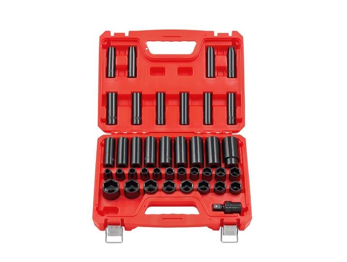 SucceBuy Jeu de douilles à chocs 1/2 po, 39 pièces, douilles à chocs profondes et peu profondes à 6 pans, métriques de 9 à 30 mm avec joint universel