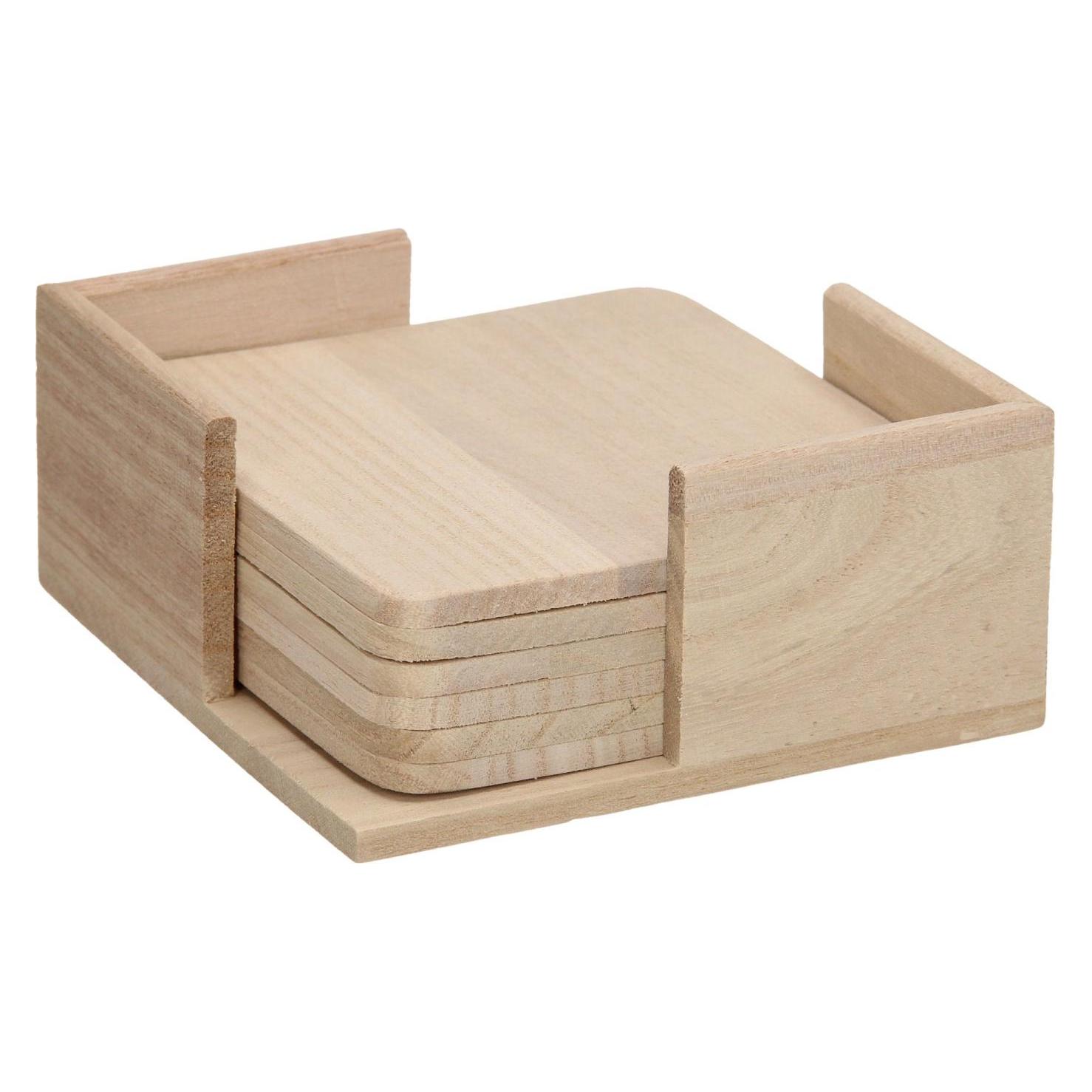 Playwood Holzhalter mit 6 Untersetzern - 11,6 x 11,6 x 5 cm - Paulowniaholz (67306059)