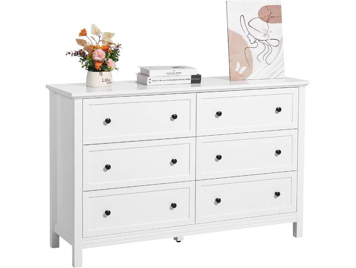 Commode VEVOR à 6 tiroirs\, coulissants et anti-basculement\, commode vintage sobre\, meuble TV\, étagère d'organisation pour le salon\, la chambre à coucher et l'entrée (blanc)