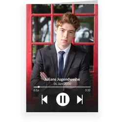 Einladungskarte Jugendweihe: Musikapp mit Fotos in Schwarz