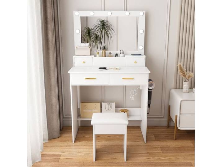 Coiffeuse avec éclairage LED Coiffeuse avec Miroir Table de Maquillage avec 4 Tiroirs Prise électrique et Sèche-Cheveux-Support