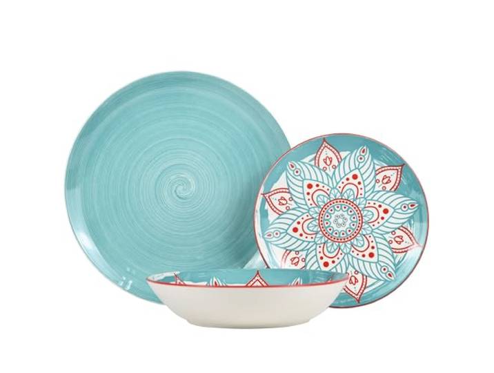 DRW 18-teiliges Tafelservice aus Porzellan mit Mandala in Blau, 27 x 27 x 4 cm