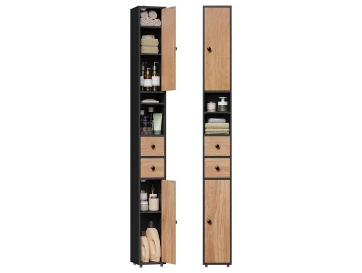 Colonne de Salle de Bains - EUGAD Armoire WC - 2 Tiroirs 2 Portes - 20x20x180cm - Noir+Bois Clair