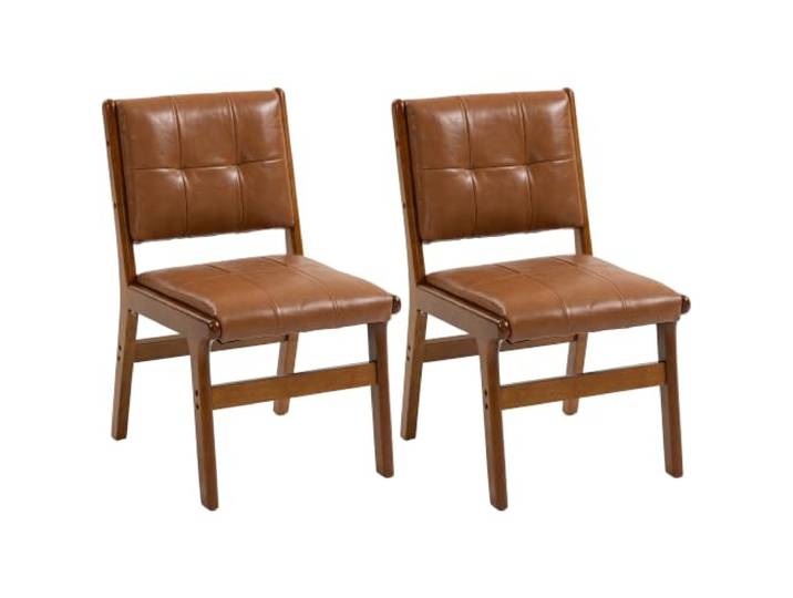 HOMCOM 2er-Set Esszimmerstühle, Kunstlederbezug, Braun Knopfheftung, Esszimmerbestuhlung, Gummibaumholzbeine.