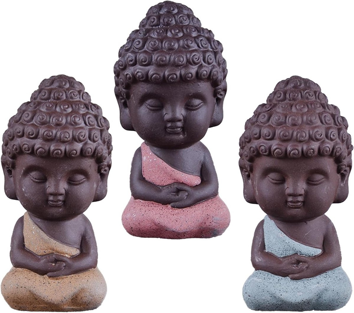 Set van 3 kleine keramiek Boeddhabeelden - Decoratieve lachende monnik ornamenten voor op tafel
