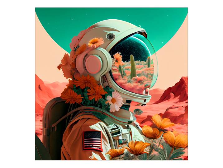 Tableau verre Flowerstronaut On Mars Verre flotté Turquoise/Orange/Rouge 50 x 50 x 1cm