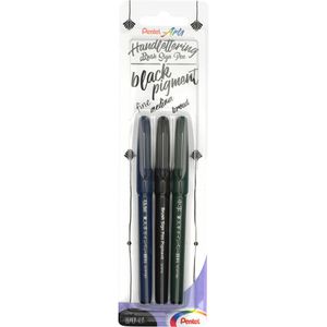 Pentel Brush-Pen XSES15/3, Brush Sign Pen Pigment, Black Edition, Pinselspitze flexibel, 3 Stück