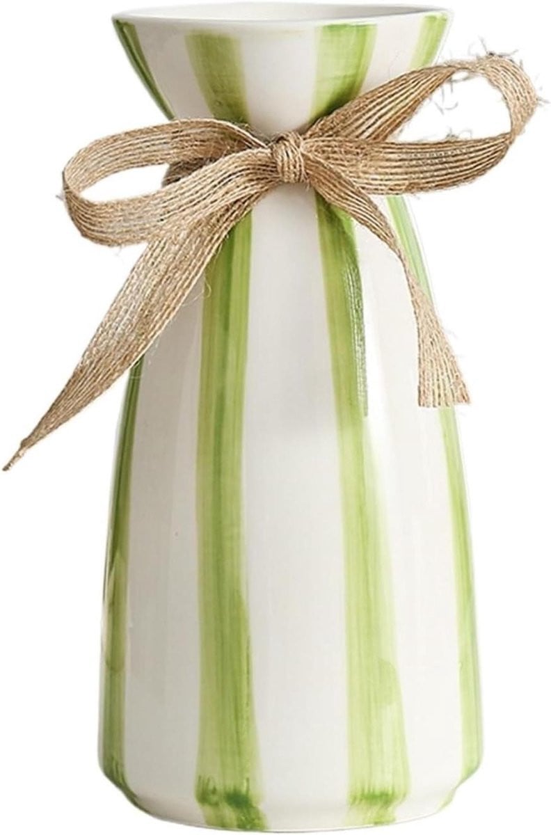 Keramische Vaas met Gestreepte Design in Groen, Hoogte: 20 cm
