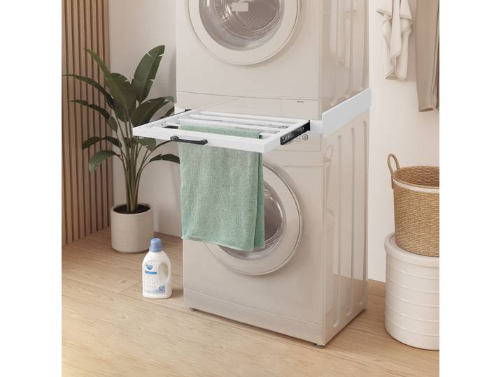 Support de séchage extractible, charge de 6,8 kg pour machine à laver, sèche-linge, cadre intermédiaire extensible avec rails coulissants silencieux pour buanderie ﻿