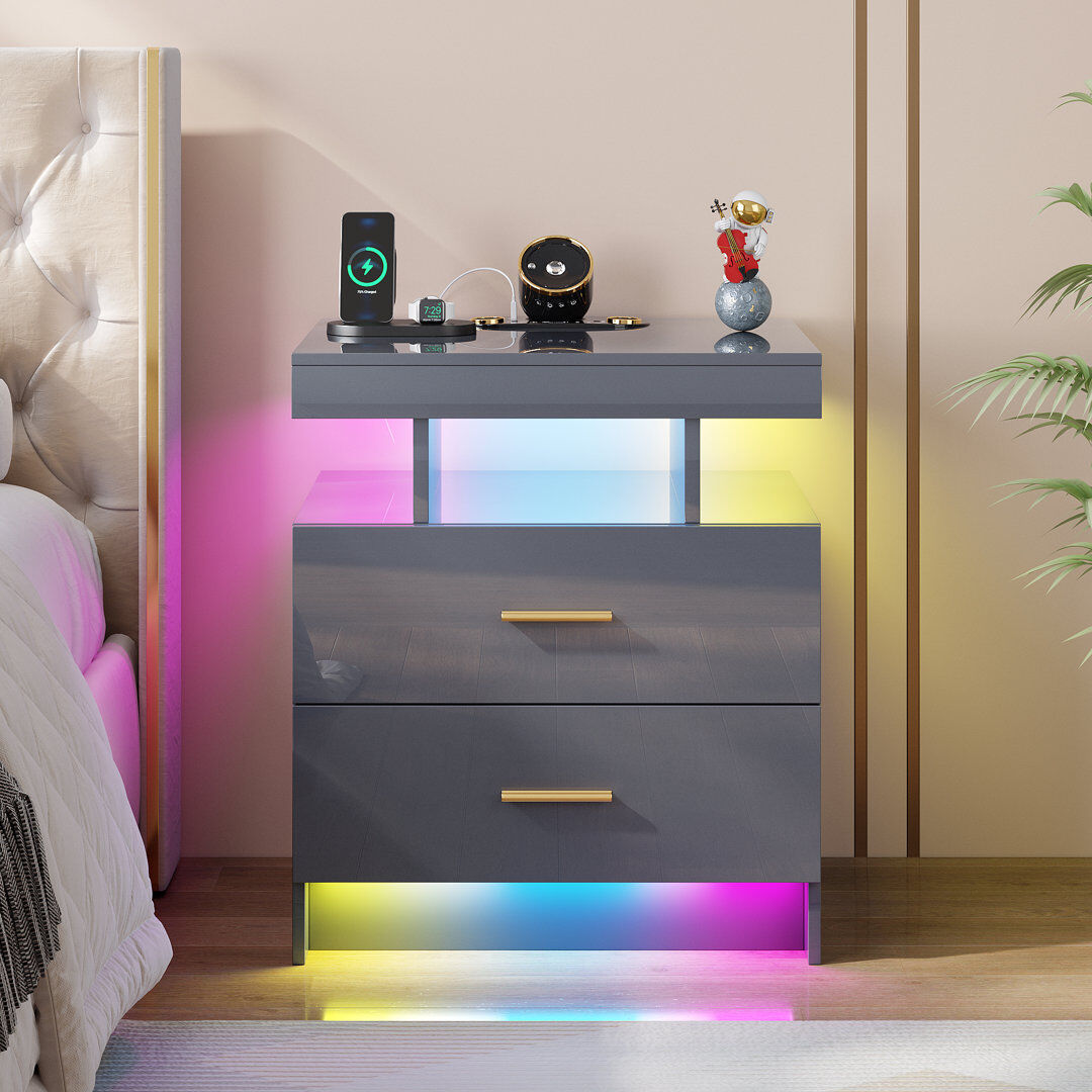Metro Bedside Table with RGB Sensor Lights, Starlight Projections, Charging Station, Bluetooth and Speaker Grey 58cm H X 50cm W X 40cm D
