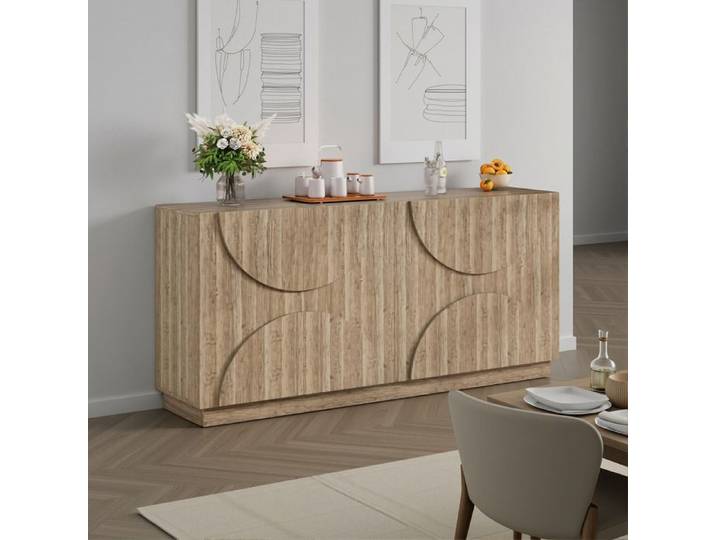 Buffet - Novélys - 160cm - Design à Arches Symétriques - Rangement 4 Portes - Style Japandi - Bois Clair