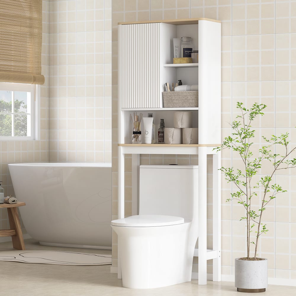 Homcom Meuble wc dessus de toilette porte cannelée mdf blanc Blanc 65x170x25cm