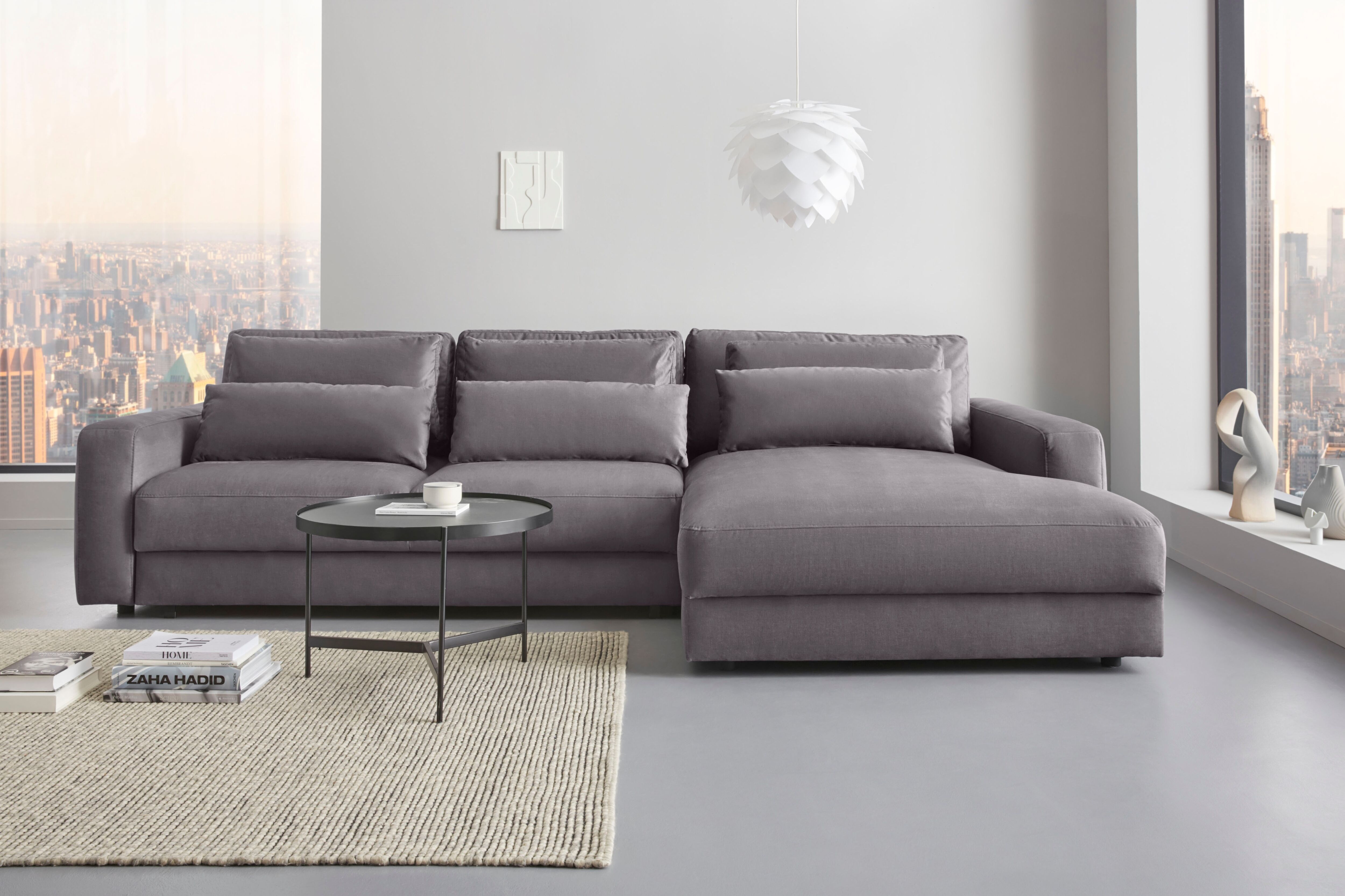 Ecksofa HOME AFFAIRE "Bloomfield, bequem und elegant, Breite 303cm, L-Form", grau, B:303cm H:84cm T:176cm, 100% Polyester, Sofas, Ecksofa, mit Bettfunktion und Bettkasten, Unser Dauertiefpreis grau B/H/T: 303cm x 84cm x 176cm, Velours,mega-Recamiere recht