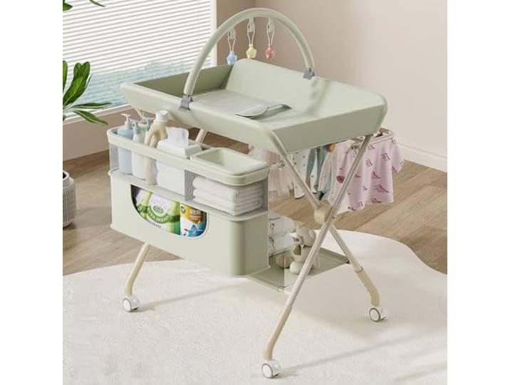 Morlinca Baby Wickelkommode Mobile Wickeltisch Klappbar,Baby Wickelkombi mit Rollen und Ablagefächern,Platzsparend & Stabil,für Windelwechsel & Kleidung,Grün