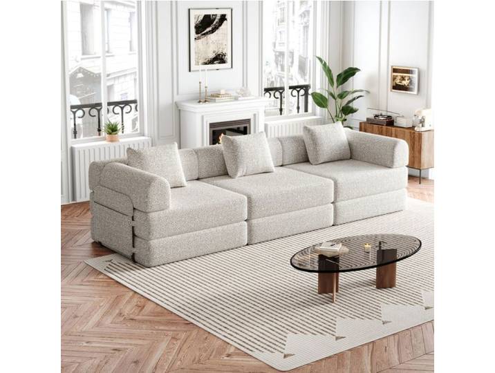 MEULVA Canapé convertible 3 places en chenille kaki rangement d'accoudoir 274 cm