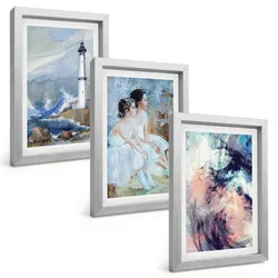 BILDER SET 3er Set - 20x30 cm Silberner Rahmen - Leuchtturm-Abstrakte Tänzerin