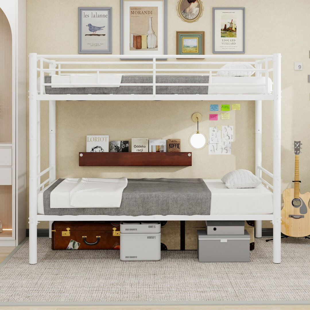 Canora Grey Reinforced Metal Bunk Bed With Iron Art, 90x190cm Mattress, Space Saving For Dormitory & Youth Bedroom White 156cm H X 98cm W X 197cm L
