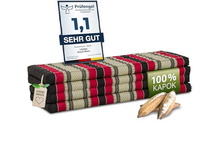 livasia Nachhaltige Klappmatratze Kapok XXL - 200x140x8cm - extrabreite Gästematratze, Faltbare Matratze doppel, ökologische Yogamatte, Gästebett klappbar, Liege Garten Balkon (Schwarz/Rot)