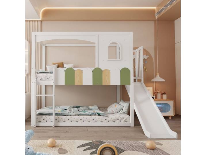 Lit superposé enfant blanc style maison avec toboggan et échelle sécurisée