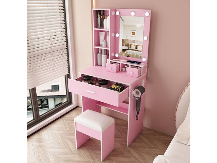 Coiffeuse compacte 60x38x131 5 cm avec miroir LED prise support sèche-cheveux 3 tiroirs tabouret rose