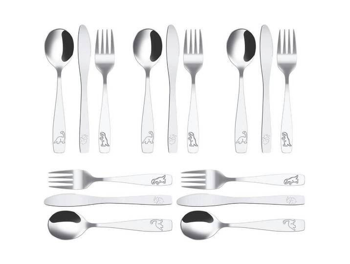 Kinderbesteck 15-teiliges Set Edelstahl mit Dinosaurier-Motiv, Silberfarben, Metall, Füttern, Kinderbesteck