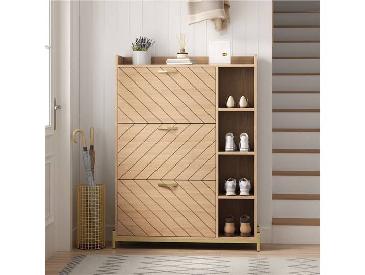 Meuble à chaussures chêne 3 portes grande capacité et étagères latérales caractéristiques détaillées