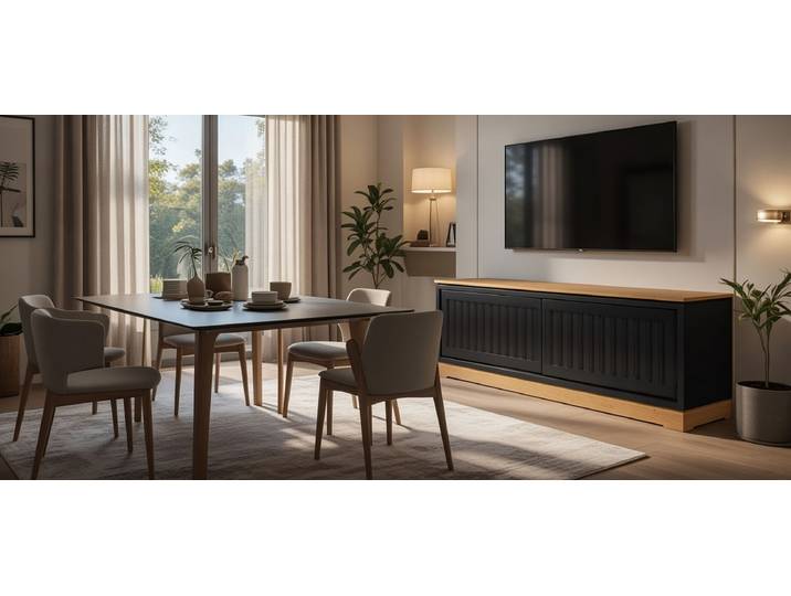 Meuble TV cannelé Pin massif brossé Noir/Noir/Pin marron 166cm