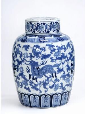 Orchard Creek Designs "15"" Porcelain Ginger Jar with Chinoiserie Deer Design"
