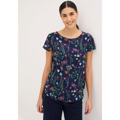 Shirtbluse BONPRIX, Damen, Gr. 40, bunt (mitternachtsblau geblümt), Web, Obermaterial: 100% Polyester, bedruckt, geblümt, regular fit hüftbedeckend, Rundhals, Blusen, figurumspielende Passform, abgerundeter, hinten etwas längerer Saum